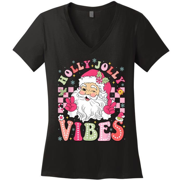 Groovy Cute Santa Claus Christmas Vibes Xmas Women Girl Women's V-Neck T-Shirt