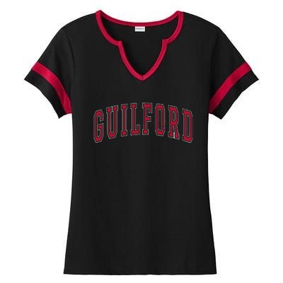 Guilford Connecticut Souvenir College Style Red Text Ladies Halftime Notch Neck Tee