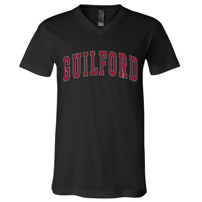 Guilford Connecticut Souvenir College Style Red Text V-Neck T-Shirt