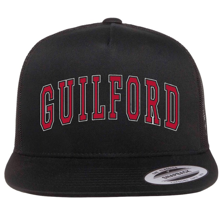 Guilford Connecticut Souvenir College Style Red Text Flat Bill Trucker Hat