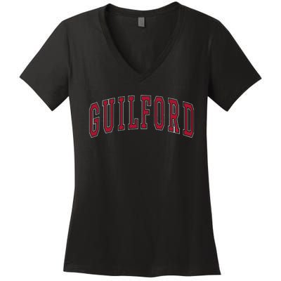 Guilford Connecticut Souvenir College Style Red Text Women's V-Neck T-Shirt