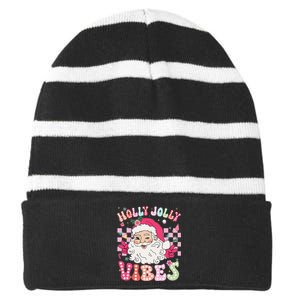 Groovy Cute Santa Claus Christmas Vibes Xmas Gift Striped Beanie with Solid Band