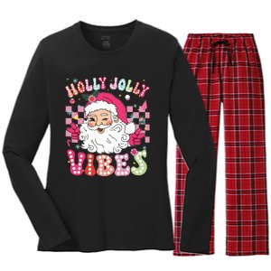 Groovy Cute Santa Claus Christmas Vibes Xmas Girl Women's Long Sleeve Flannel Pajama Set 