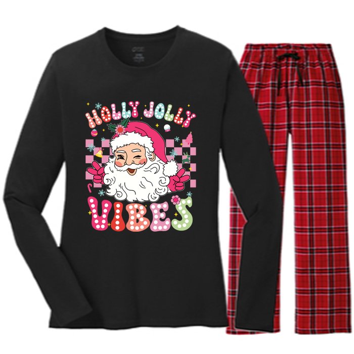 Groovy Cute Santa Claus Christmas Vibes Xmas Girl Women's Long Sleeve Flannel Pajama Set 