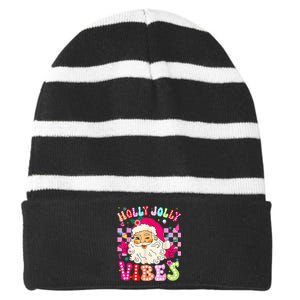 Groovy Cute Santa Claus Christmas Vibes Xmas Striped Beanie with Solid Band