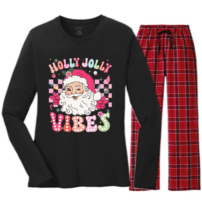 Groovy Cute Santa Claus Christmas Vibes Xmas Women's Long Sleeve Flannel Pajama Set 