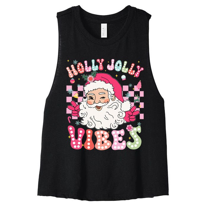 Groovy Cute Santa Claus Christmas Vibes Xmas Women's Racerback Cropped Tank