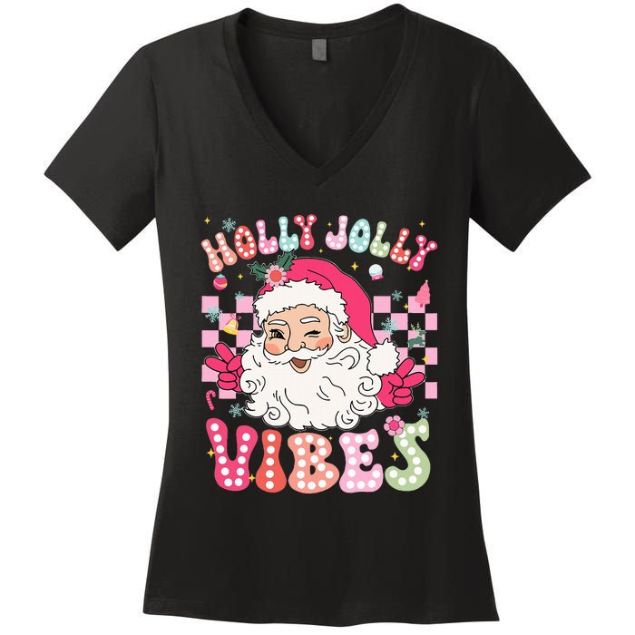 Groovy Cute Santa Claus Christmas Vibes Xmas Women's V-Neck T-Shirt