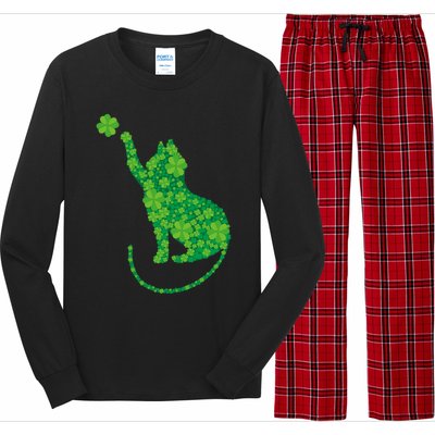 Green Cat Silhouette Shamrocks St Patricks Day Gift Long Sleeve Pajama Set