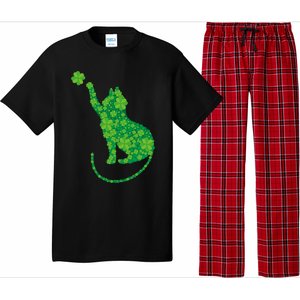 Green Cat Silhouette Shamrocks St Patricks Day Gift Pajama Set