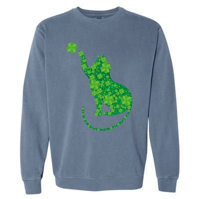 Green Cat Silhouette Shamrocks St Patricks Day Gift Garment-Dyed Sweatshirt