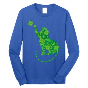 Green Cat Silhouette Shamrocks St Patricks Day Gift Long Sleeve Shirt