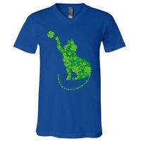 Green Cat Silhouette Shamrocks St Patricks Day Gift V-Neck T-Shirt