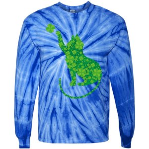 Green Cat Silhouette Shamrocks St Patricks Day Gift Tie-Dye Long Sleeve Shirt