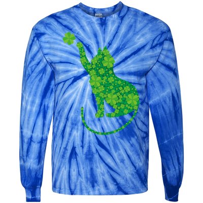 Green Cat Silhouette Shamrocks St Patricks Day Gift Tie-Dye Long Sleeve Shirt