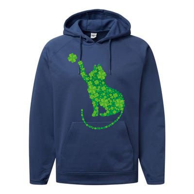 Green Cat Silhouette Shamrocks St Patricks Day Gift Performance Fleece Hoodie