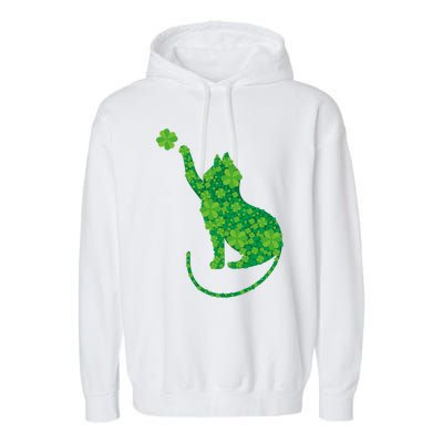 Green Cat Silhouette Shamrocks St Patricks Day Gift Garment-Dyed Fleece Hoodie