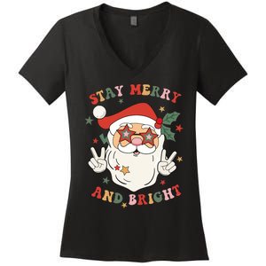 Groovy Christmas Santa Claus Stay Merry And Bright Women's V-Neck T-Shirt