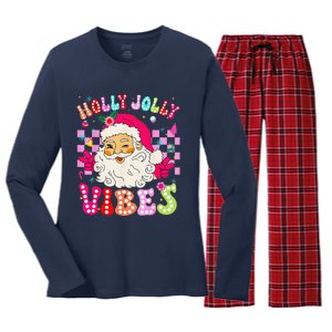 Groovy Cute Santa Claus Christmas Vibes Xmas Women's Long Sleeve Flannel Pajama Set 