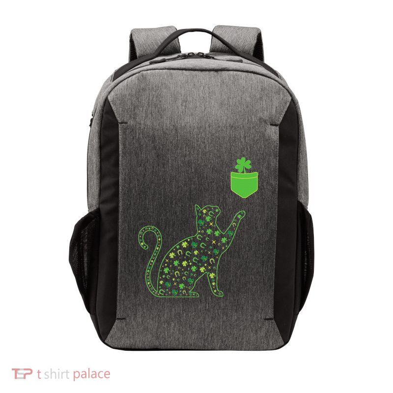 Green Cat Silhouette Shamrocks St Patricks Day Cat Gifts Vector Backpack