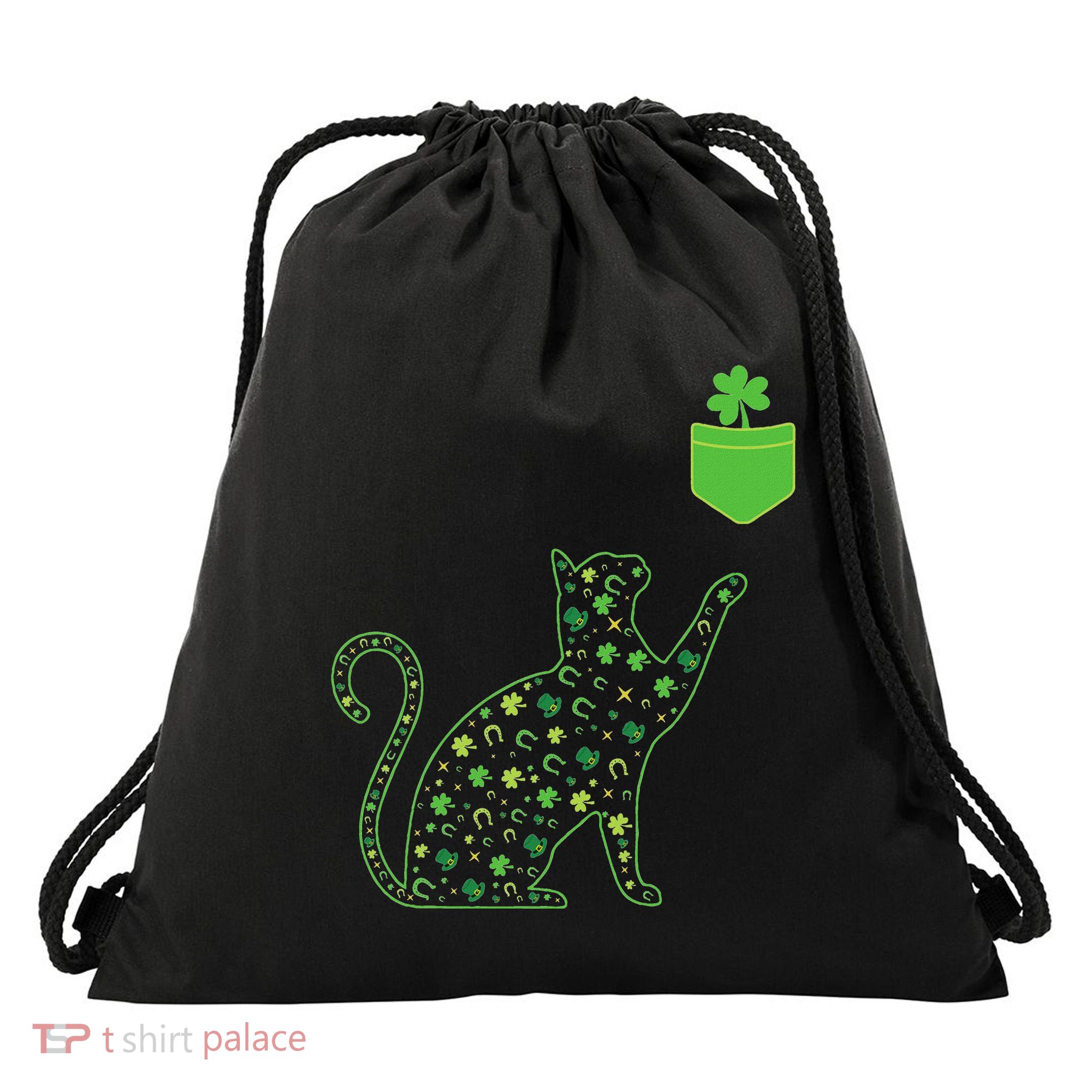 Green Cat Silhouette Shamrocks Drawstring Bag