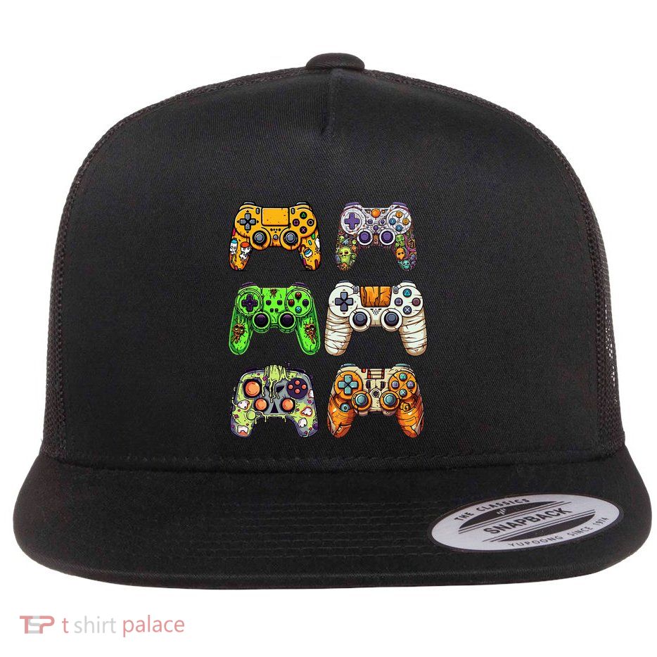 Gaming Controllers Skeleton Zombie Mummy Halloween Flat Bill Trucker Hat