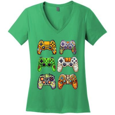 Gaming Controllers Skeleton Zombie Mummy Halloween Women's V-Neck T-Shirt