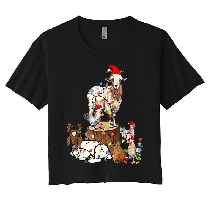 Goat Chicken Santa Hat Reindeer Christmas Lights Farm Animal Women's Crop Top Tee