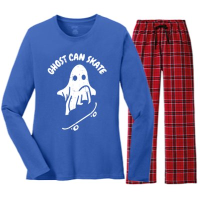 Ghost Can Skate Halloween Costume Ghoul Skateboard Skater Gift Women's Long Sleeve Flannel Pajama Set 