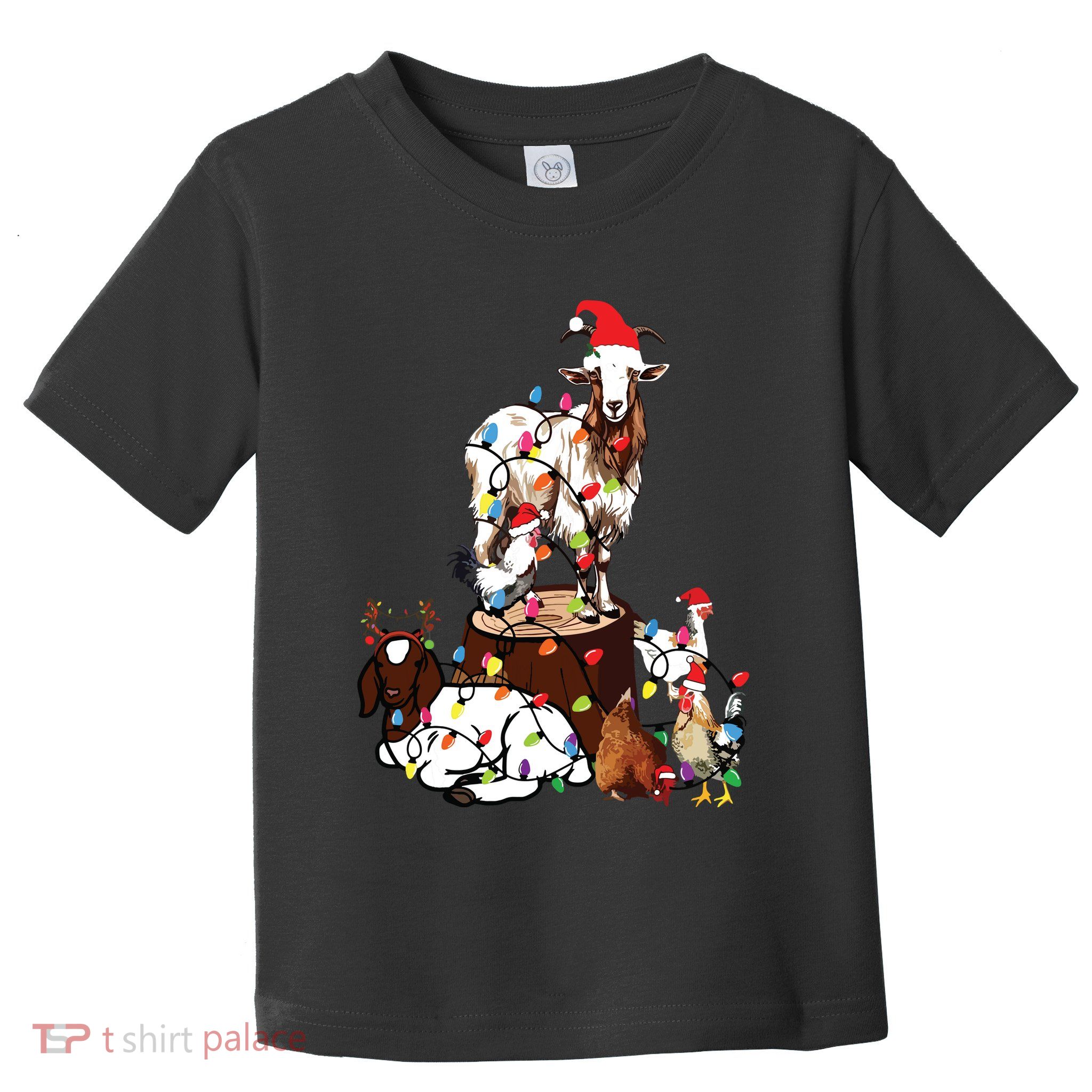 Goat Chicken Santa Hat Reindeer Christmas Lights Farm Animal Toddler T-Shirt