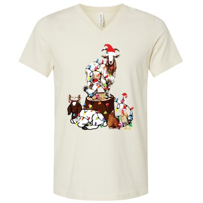 Goat Chicken Santa Hat Reindeer Christmas Lights Farm Animal V-Neck T-Shirt