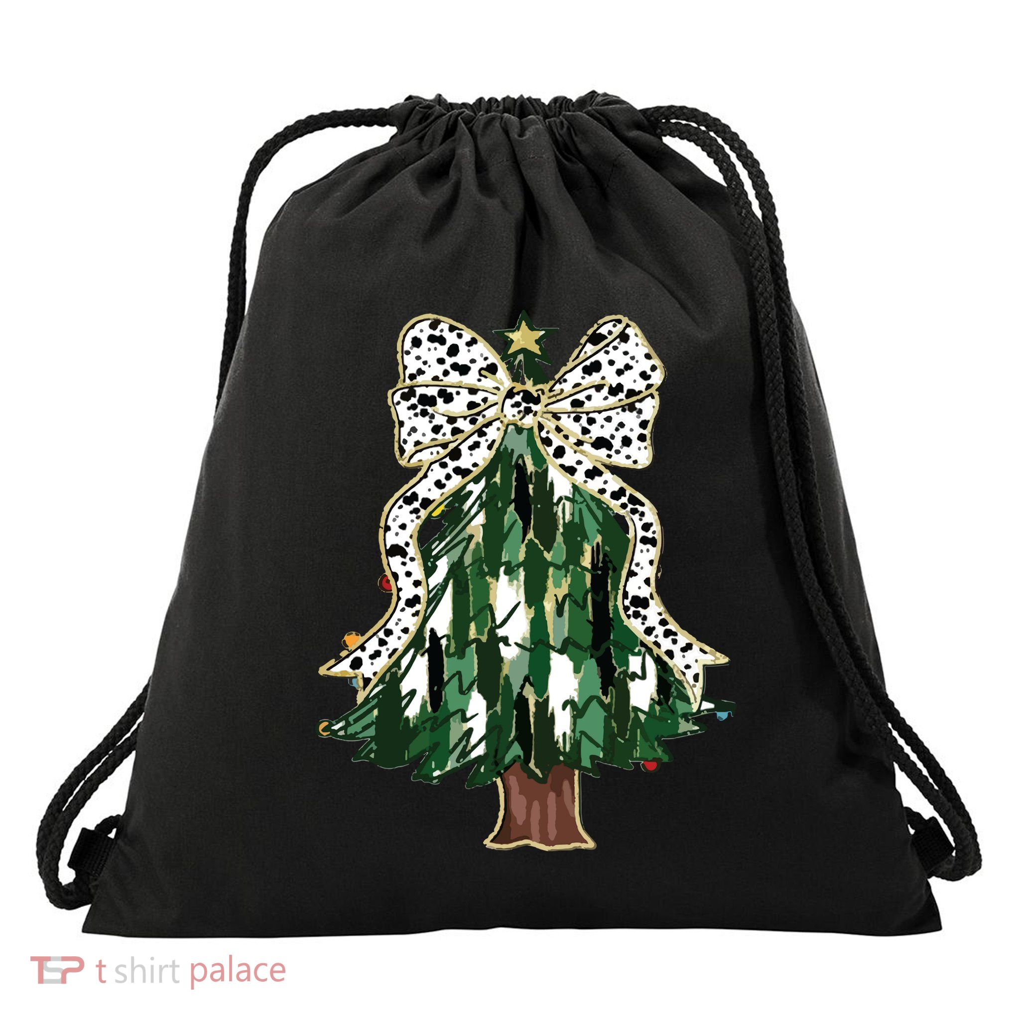 Girly Christmas Tree Bow Drawstring Bag