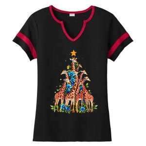 Giraffe Christmas Tree Cute Giraffe Lovers Xmas Holiday Ladies Halftime Notch Neck Tee