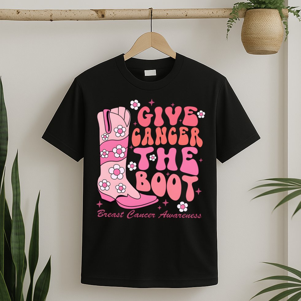 Give Cancer The Boot Breast Cancer Awareness Cowgirl Western T-Shirt