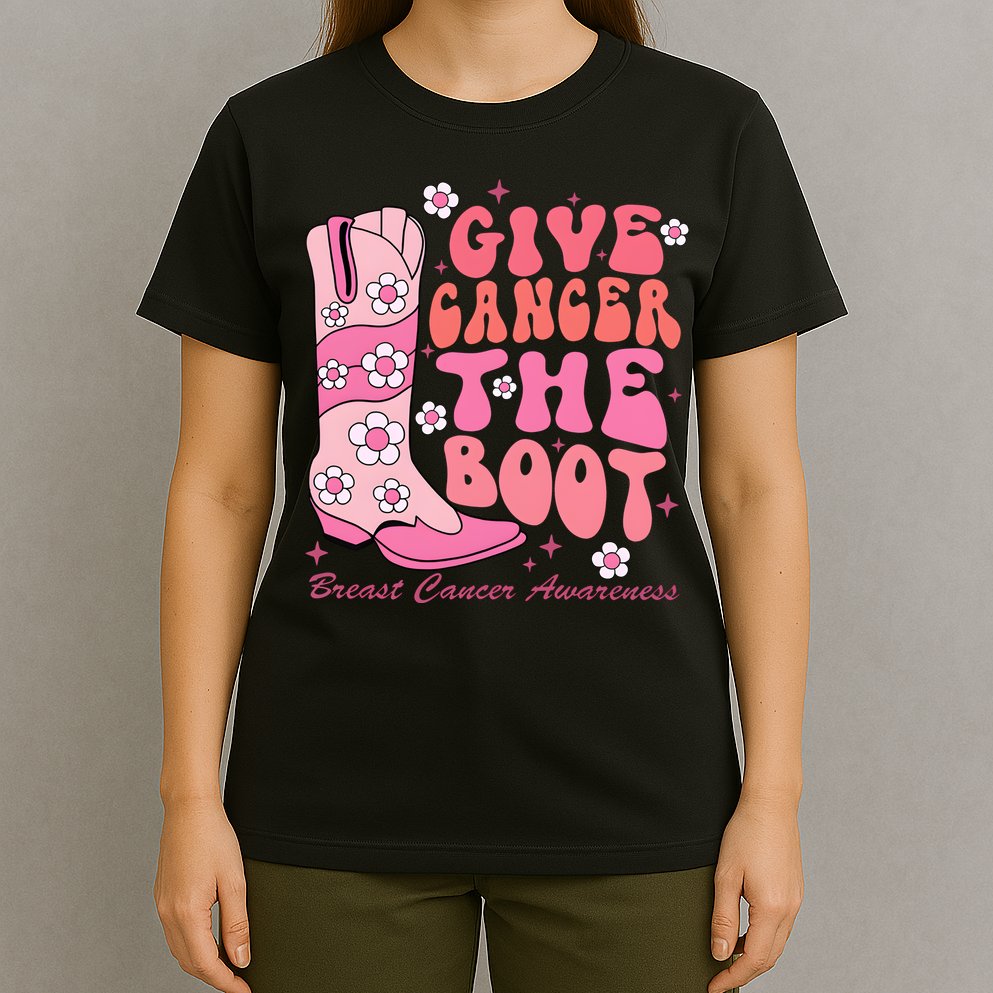 Give Cancer The Boot Breast Cancer Awareness Cowgirl Western T-Shirt