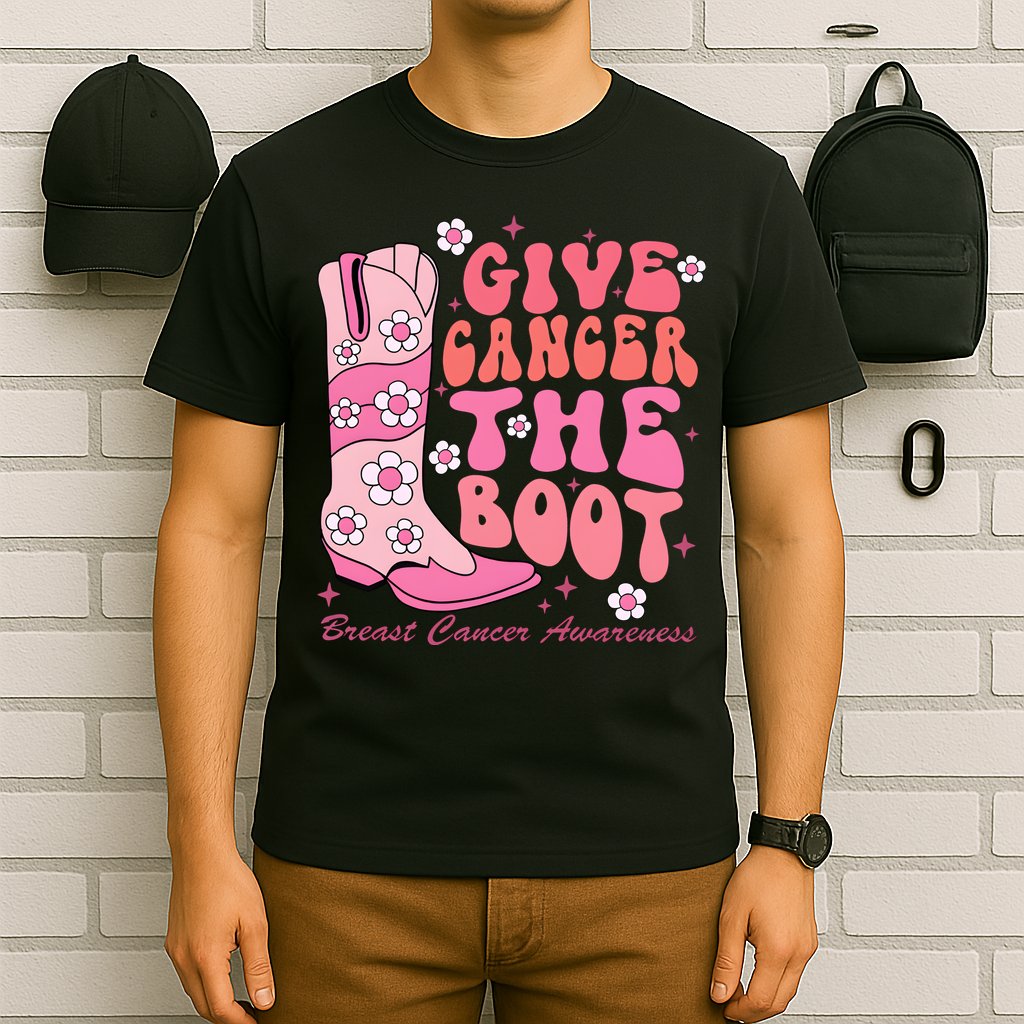Give Cancer The Boot Breast Cancer Awareness Cowgirl Western T-Shirt