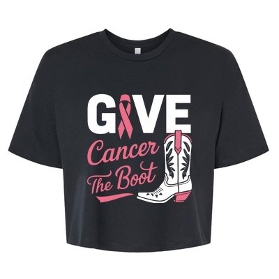 Give Cancer The Boot Cowgirl Breast Cancer Ribbon Bella+Canvas Jersey Crop Tee