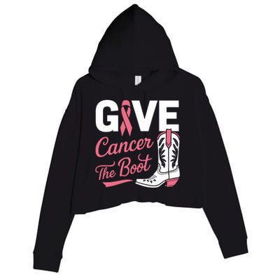 Give Cancer The Boot Cowgirl Breast Cancer Ribbon Crop Fleece Hoodie