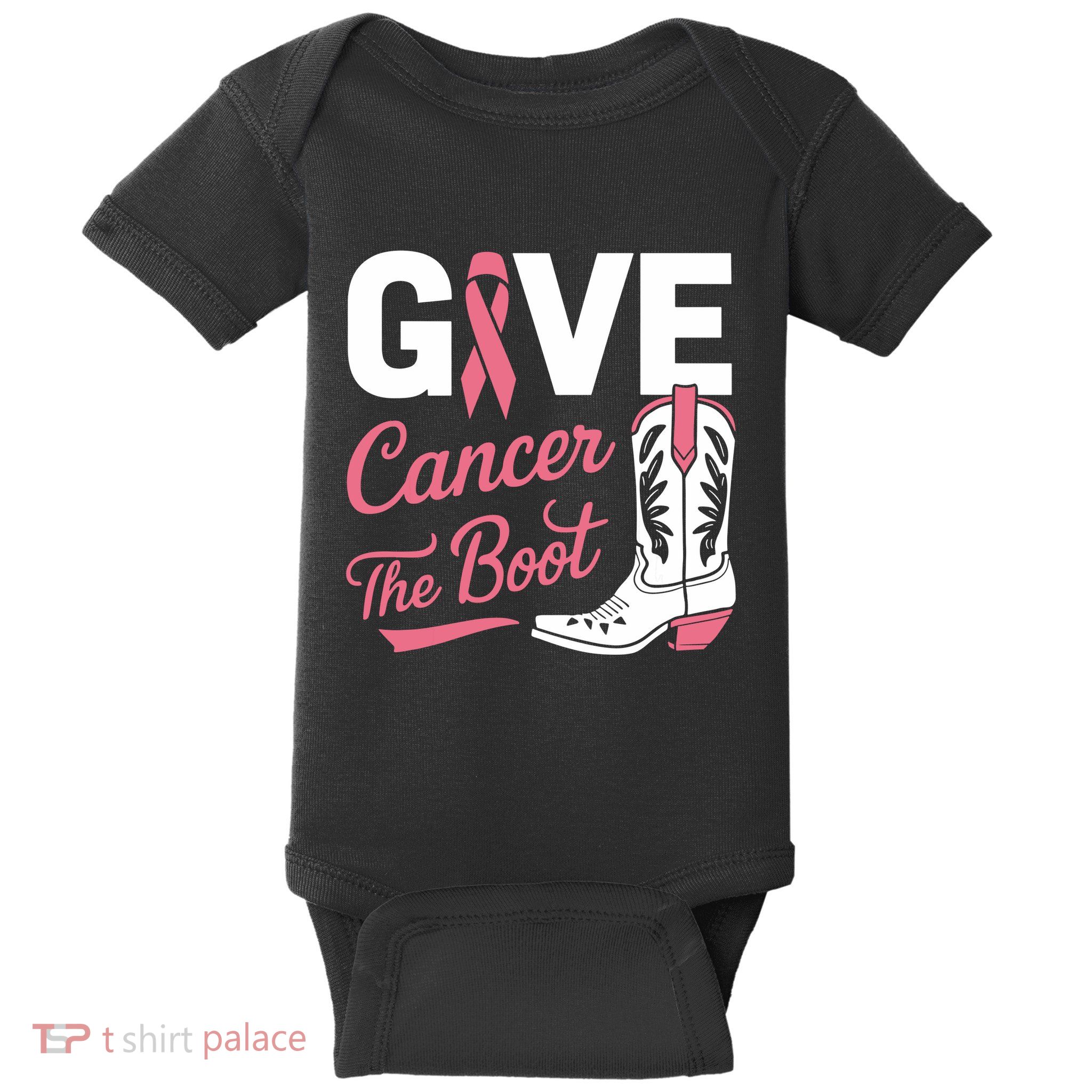 Give Cancer The Boot Cowgirl Breast Cancer Ribbon Baby Bodysuit