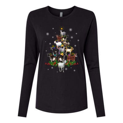 Goat Christmas Tree Lights Sweater Santa Goat Christmas Gift Womens Cotton Relaxed Long Sleeve T-Shirt