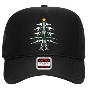 Guns Christmas Tree Xmas Veteran High Crown Mesh Back Trucker Hat