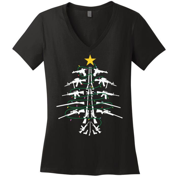 Guns Christmas Tree Xmas Veteran Women's V-Neck T-Shirt