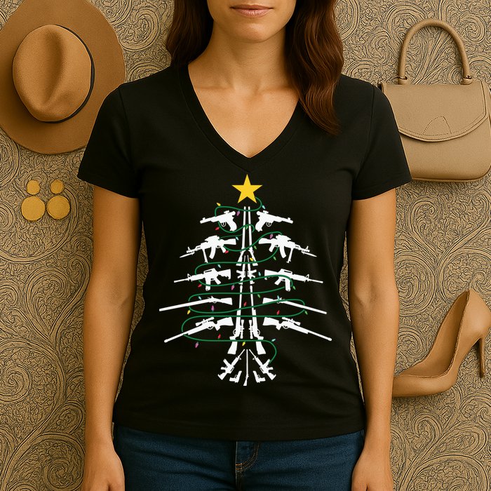 Guns Christmas Tree Xmas Veteran Women's V-Neck T-Shirt