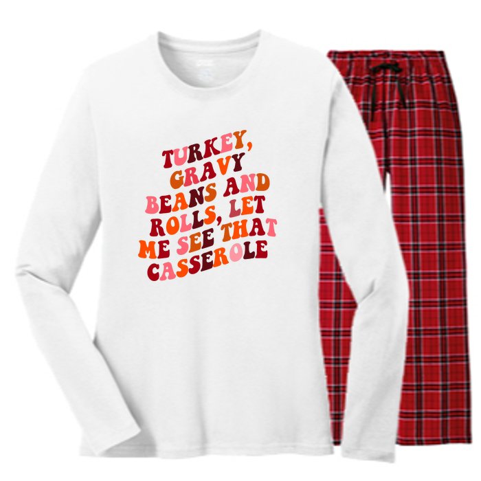 Groovy Cute Turkey Gravy Beans And Roll Thanksgiving Women's Long Sleeve Flannel Pajama Set 