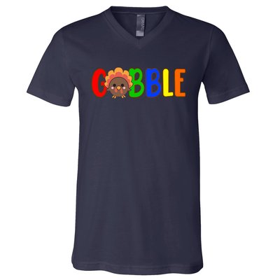 Gobble Colorful Turkey Thanksgiving V-Neck T-Shirt