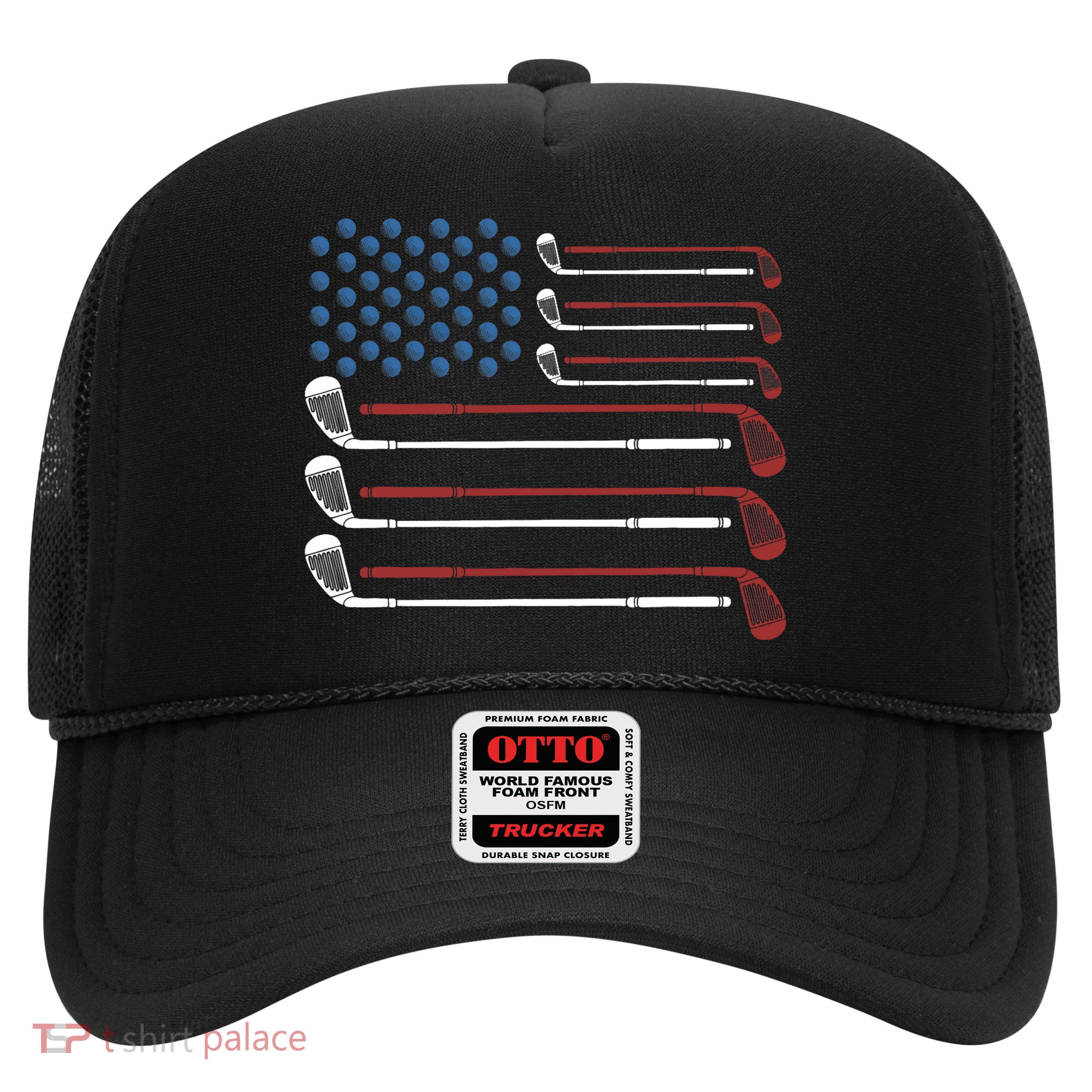 Golf Clubs USA Flag Red White And Blue Trucker Hat