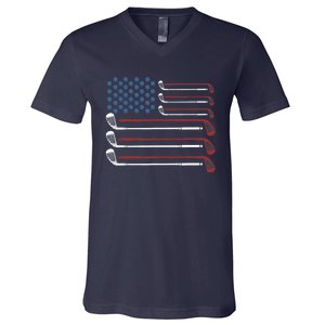 Golf Clubs USA Flag Red White And Blue V-Neck T-Shirt