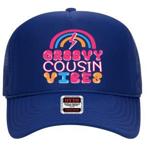 Groovy Cousin Vibes Retro Rainbow Cousin Crew Gift High Crown Mesh Back Trucker Hat