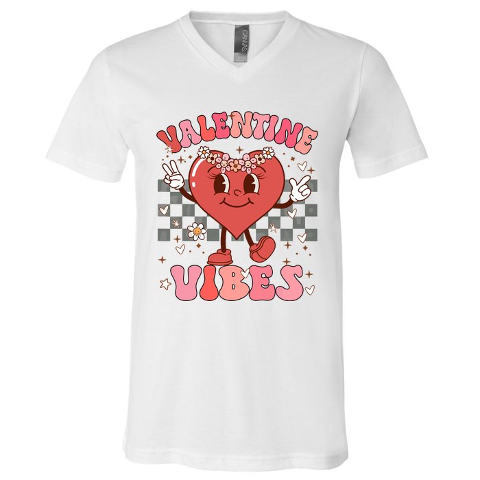 Groovy Checkered Valentine Vibes Valentines Day V-Neck T-Shirt