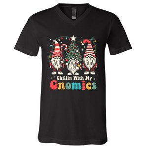 Groovy Chillin With My Gnomies Funny Christmas Family Gnomes V-Neck T-Shirt